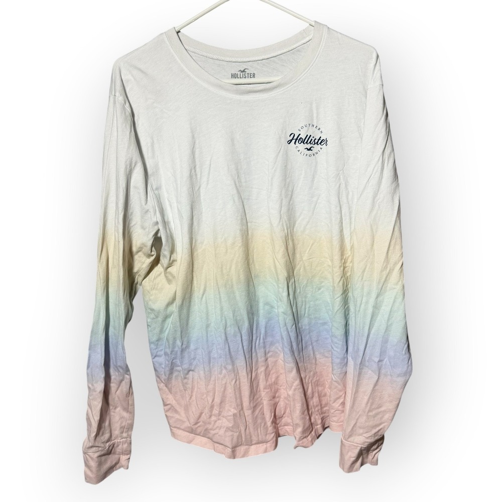 Hollister Southern California Ombre Long Sleeve T-Shirt Mens XL White Rainbow